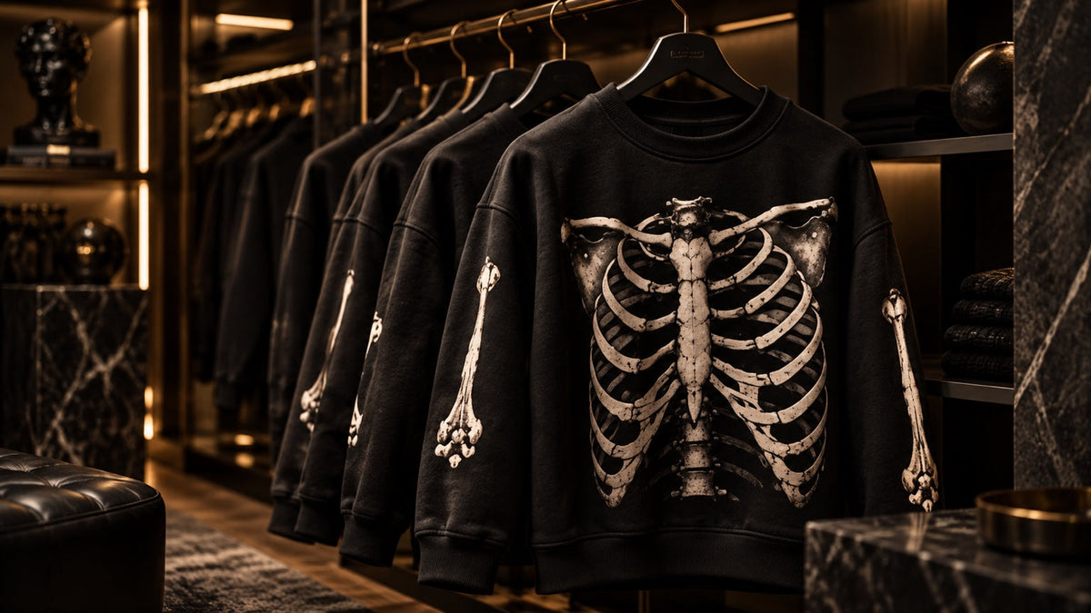 BARE BONES premium black anatomical streetwear crewneck displayed in a luxury fashion setting