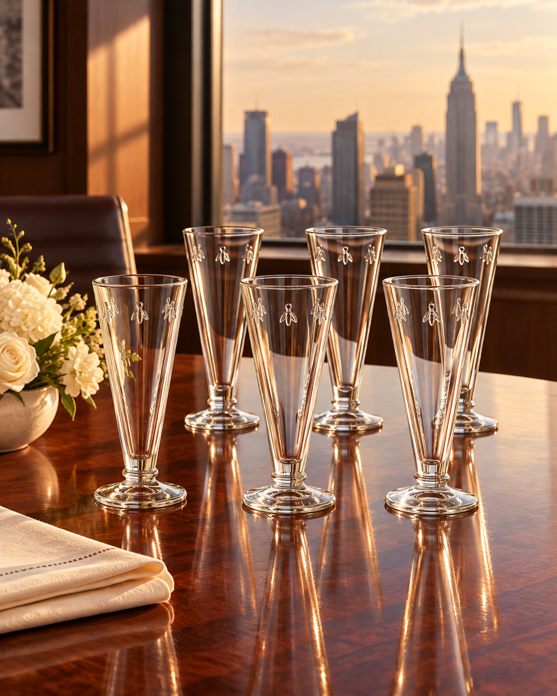 Set of 6 premium French champagne flutes arranged for a high-stakes business dinner table in New York City