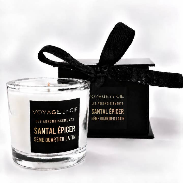 Voyage et Cie Santal Épicé 3 oz votive candle with black and gold label and gift box
